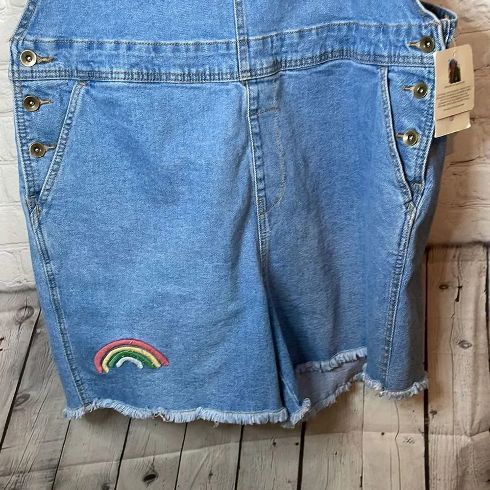 Denim Overall Shorts with Rainbow Straps and Patch